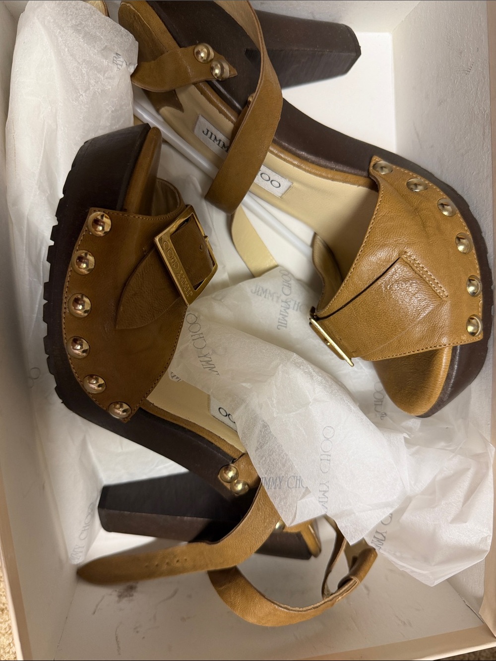 Jimmy Choo Cognac Brown Leather Studded Platform Sandals